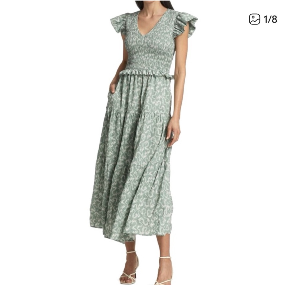 Seq New York Thandi smocked tiered ruffle dress green and cream 00